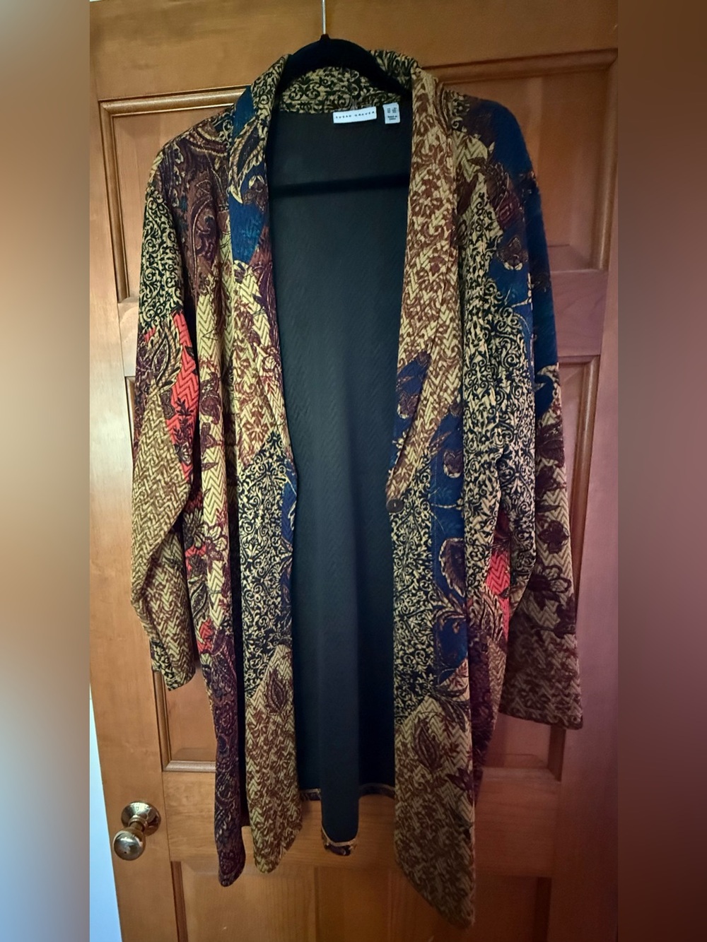 Susan Graver Multicolor Open-Front Jacket with Navy, Burgundy & Gold Print Sz 3X